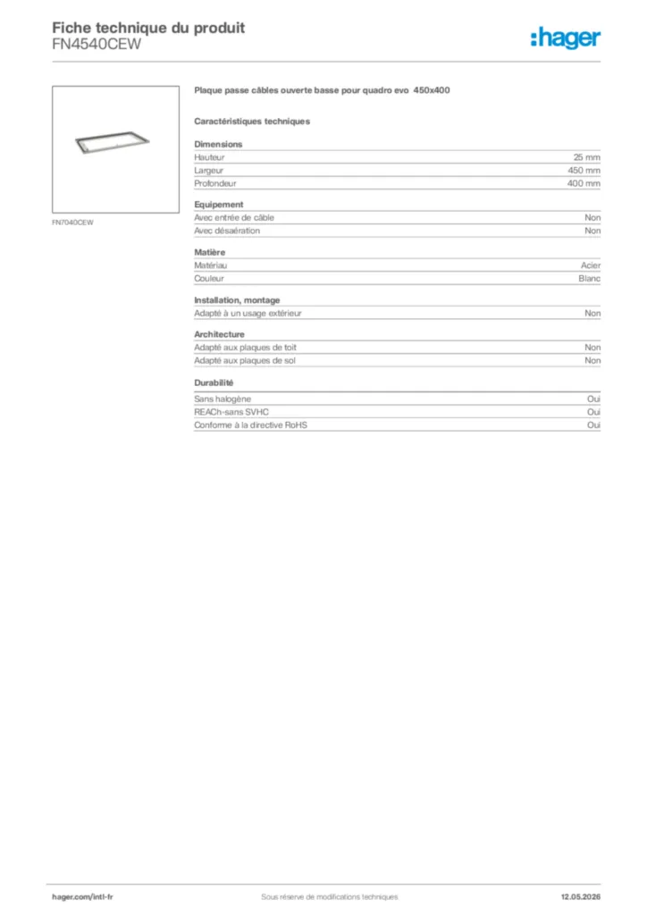 Image Hager Fiche technique du produit FN4540CEW | Hager Afrique