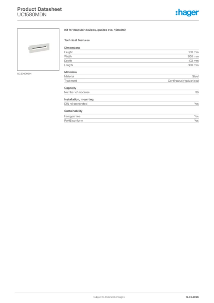 Image Hager Product data sheet UC1580MDN  | Hager Africa