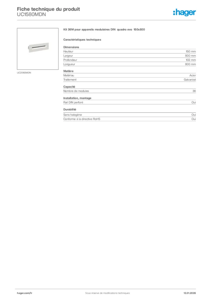 Image Hager Fiche technique du produit UC1580MDN | Hager France