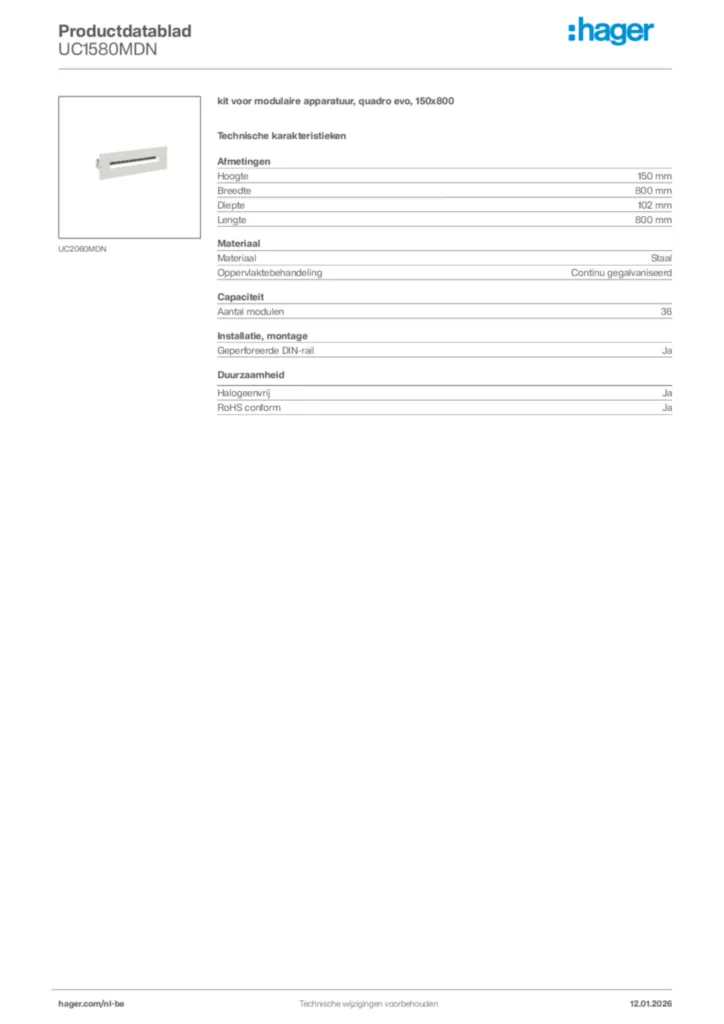 Afbeelding Hager Productdatablad UC1580MDN | Hager Belgium
