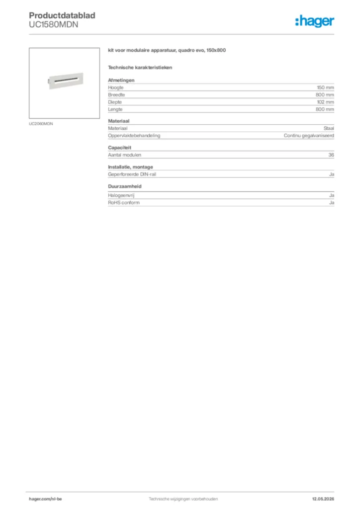 Afbeelding Hager Productdatablad UC1580MDN | Hager Belgium