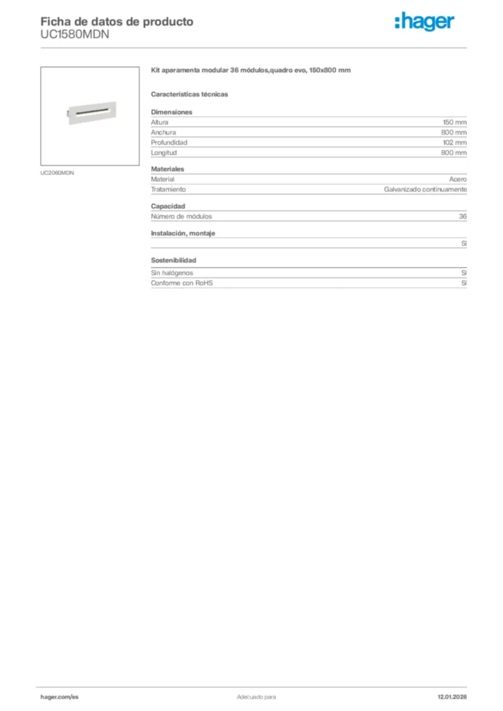 Imagen Hager Ficha de datos de producto UC1580MDN | Hager España