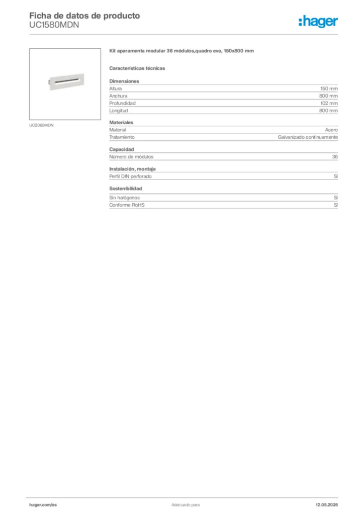 Imagen Hager Ficha de datos de producto UC1580MDN | Hager España
