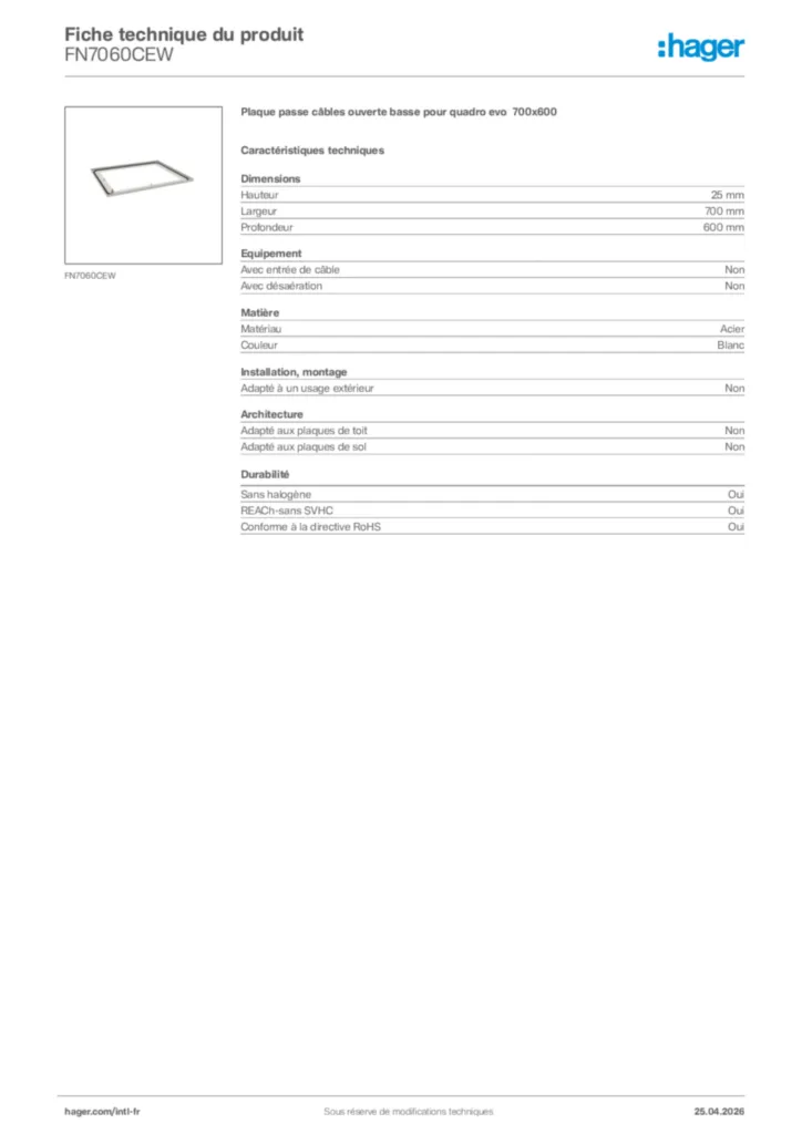 Image Hager Fiche technique du produit FN7060CEW | Hager Afrique