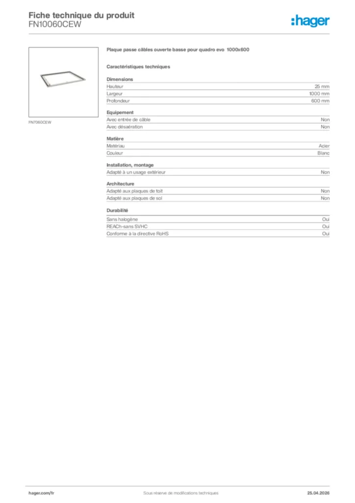 Image Hager Fiche technique du produit FN10060CEW | Hager France