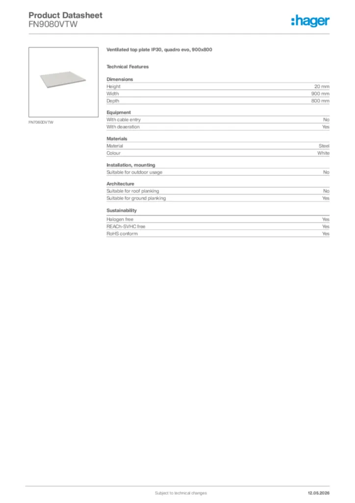 Image Hager Product data sheet FN9080VTW  | Hager Africa