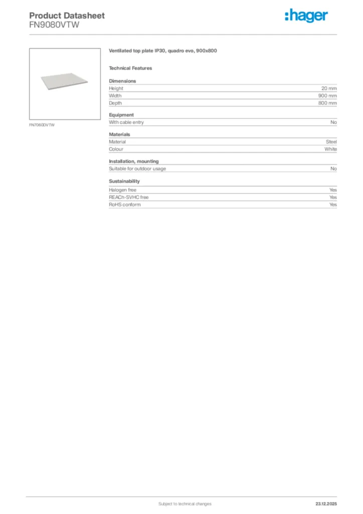 Image Hager Product data sheet FN9080VTW  | Hager Africa