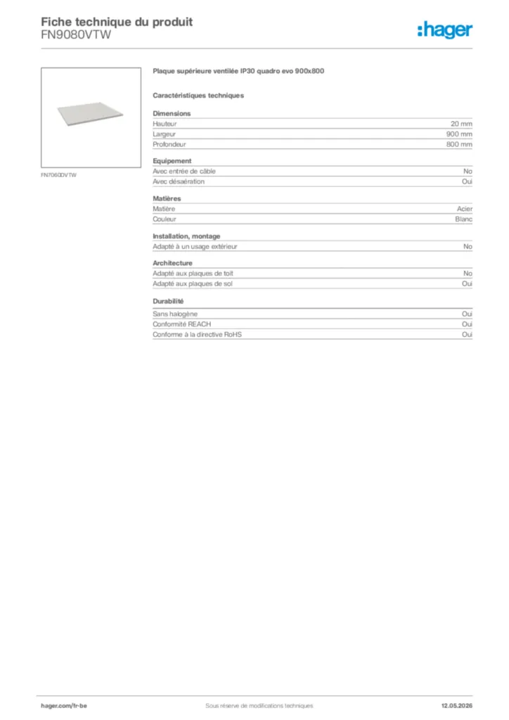 Image Hager Fiche technique du produit FN9080VTW | Hager Belgique