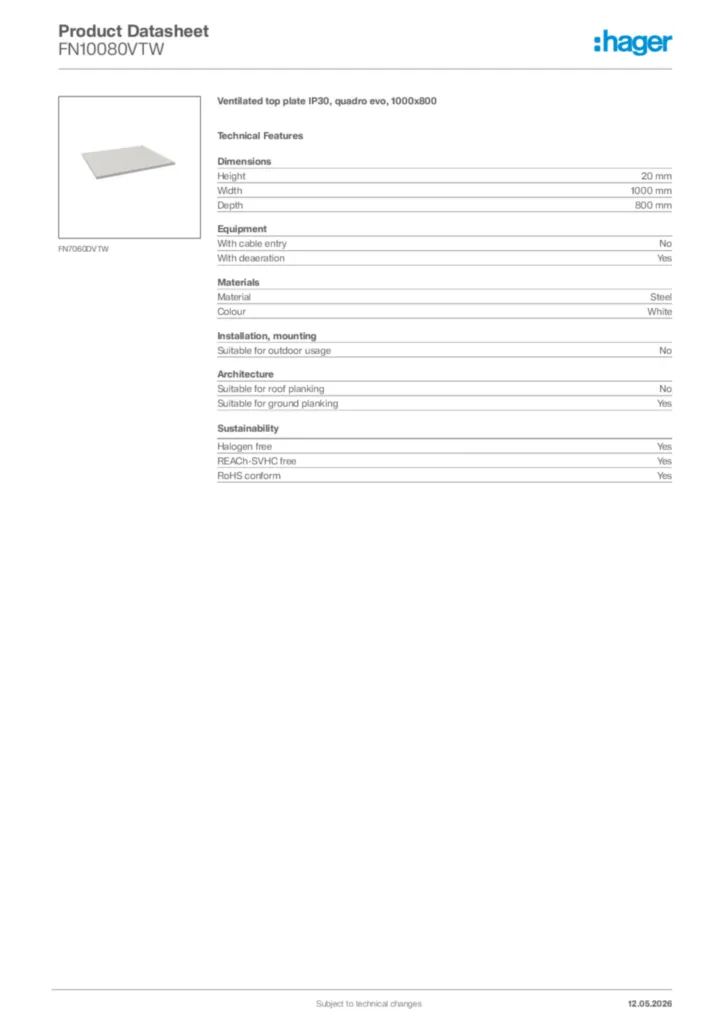 Image Hager Product data sheet FN10080VTW  | Hager Africa