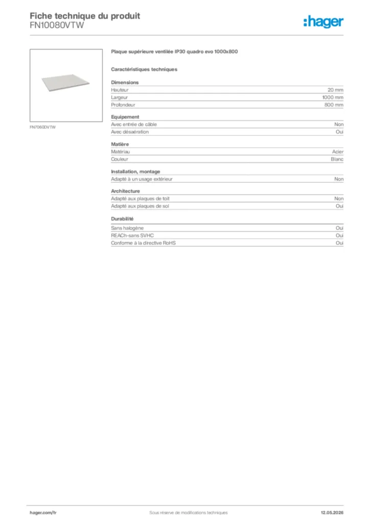 Image Hager Fiche technique du produit FN10080VTW | Hager France