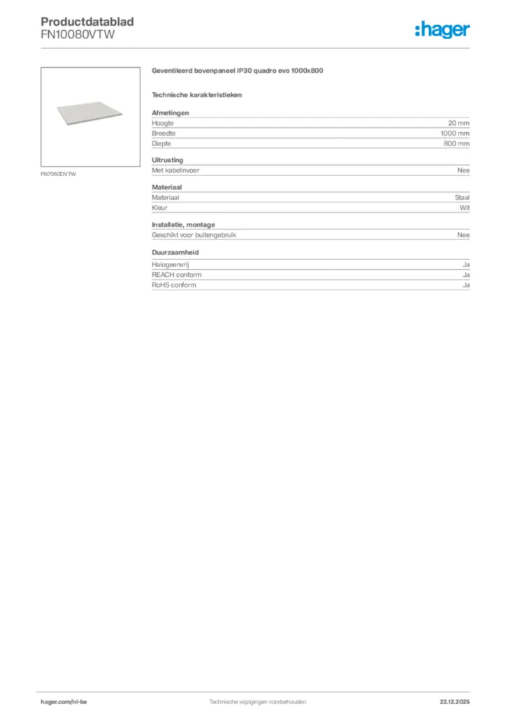 Afbeelding Hager Productdatablad FN10080VTW | Hager Belgium