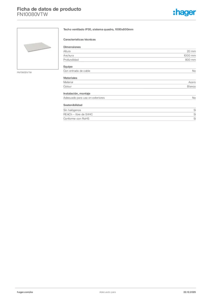 Imagen Hager Ficha de datos de producto FN10080VTW | Hager España