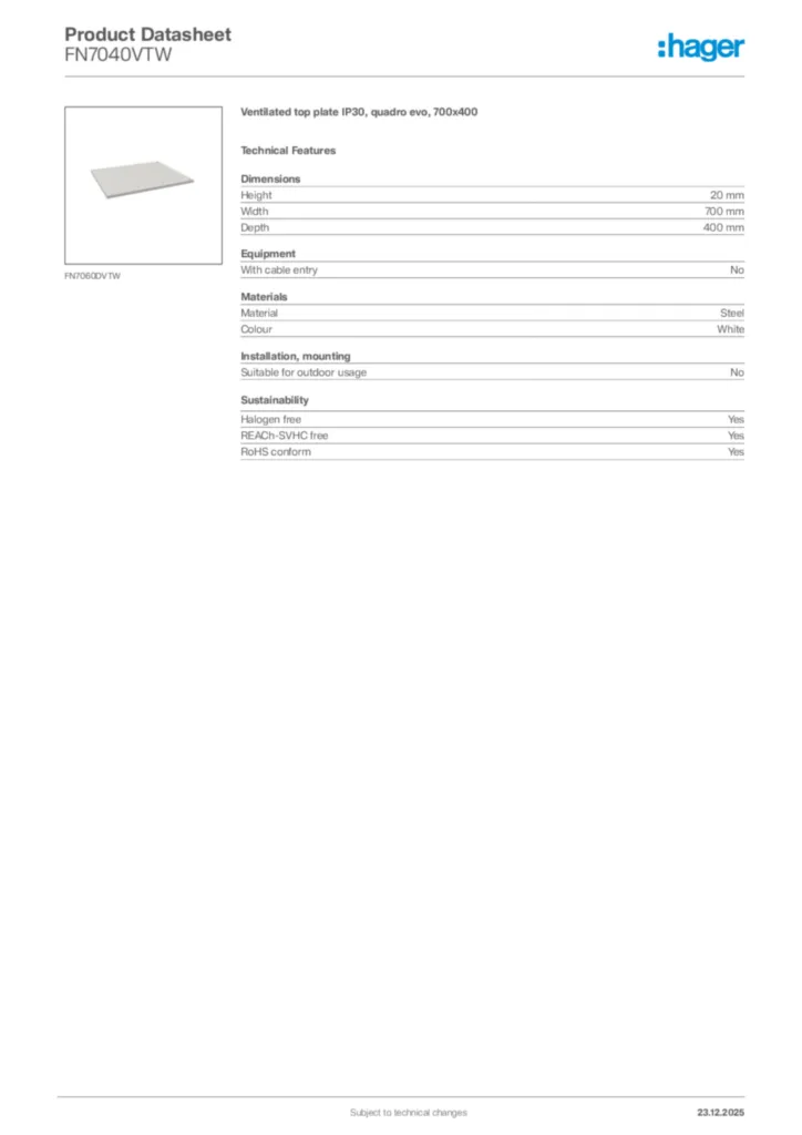 Image Hager Product data sheet FN7040VTW  | Hager Africa