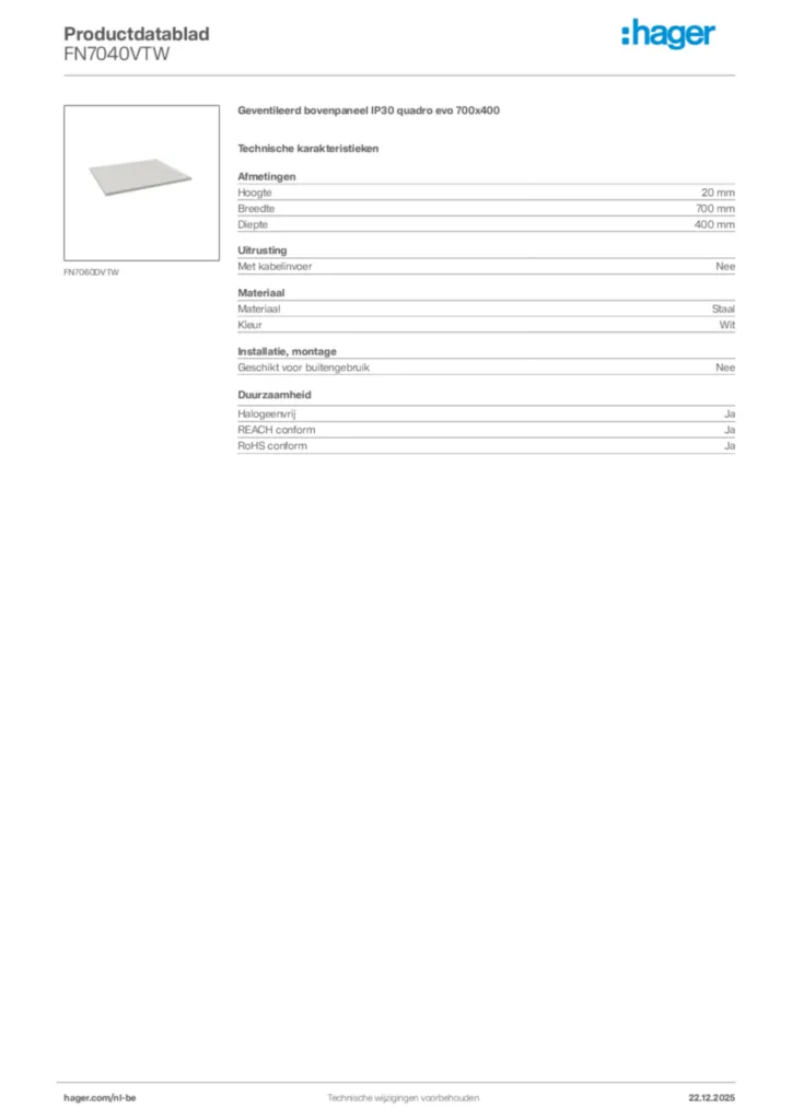 Afbeelding Hager Productdatablad FN7040VTW | Hager Belgium