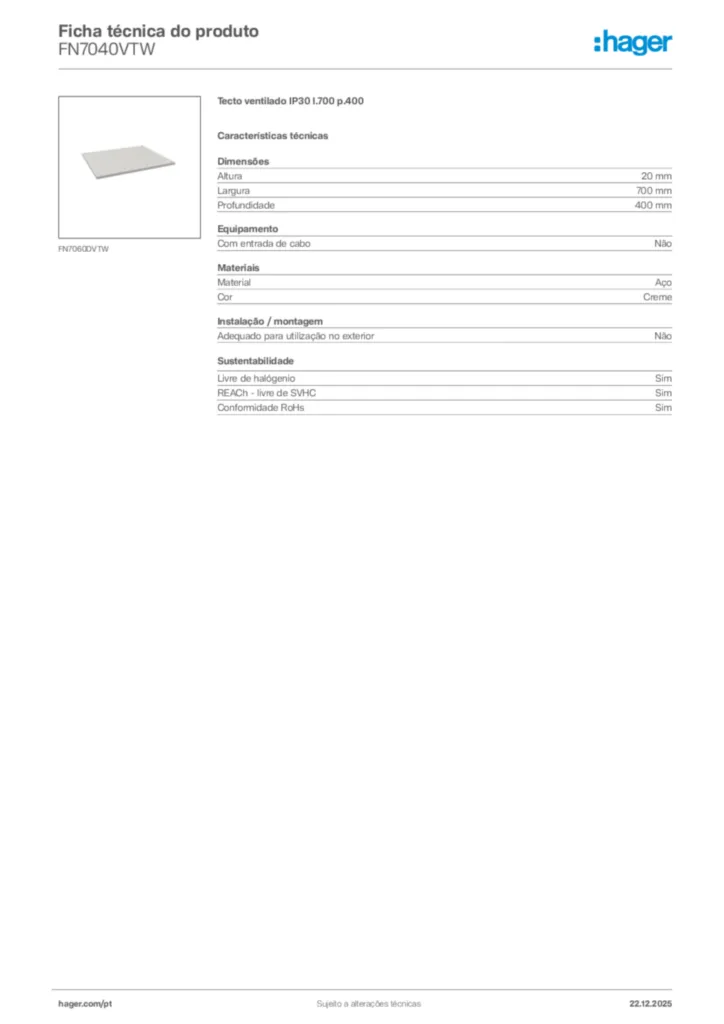 Imagem Hager Ficha técnica do produto FN7040VTW | Hager Portugal