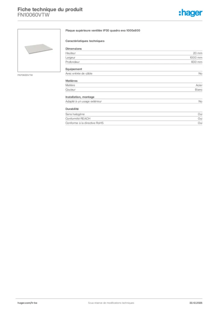 Image Hager Fiche technique du produit FN10060VTW | Hager Belgique