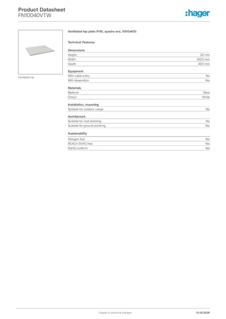 Image Hager Product data sheet FN10040VTW  | Hager Africa