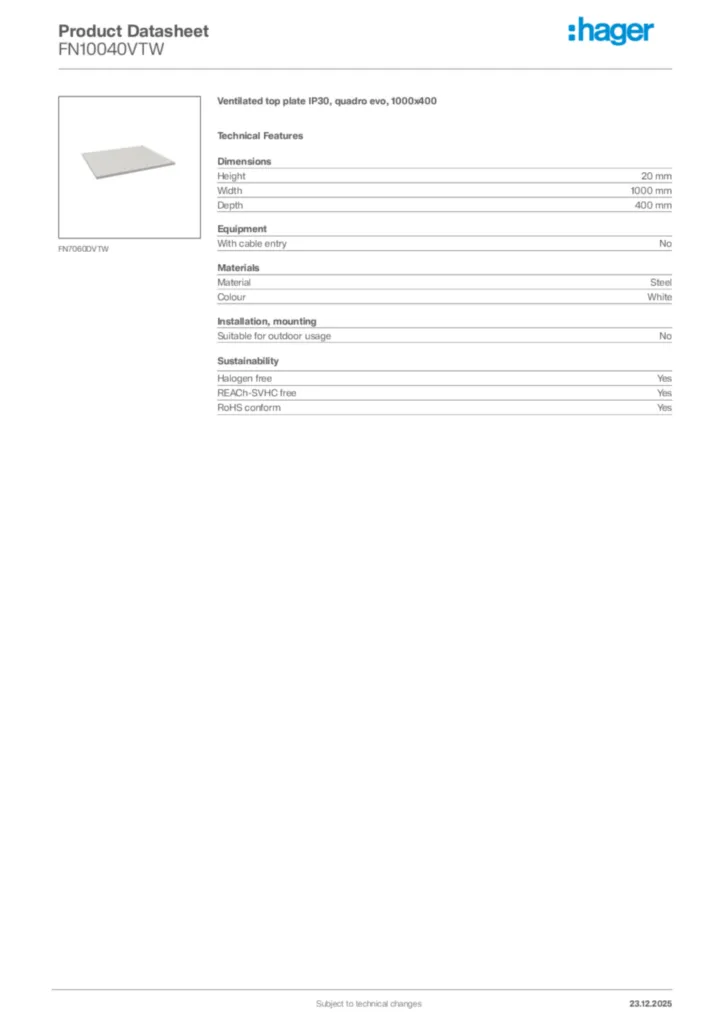 Image Hager Product data sheet FN10040VTW  | Hager Africa