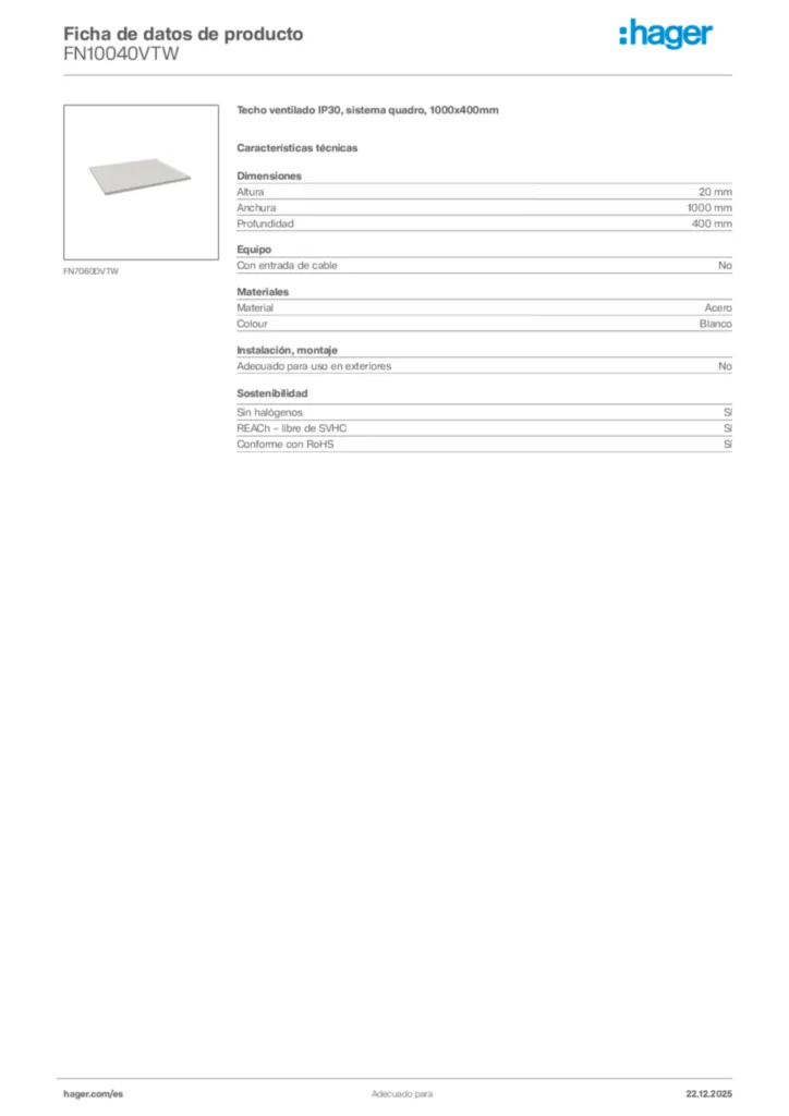 Imagen Hager Ficha de datos de producto FN10040VTW | Hager España