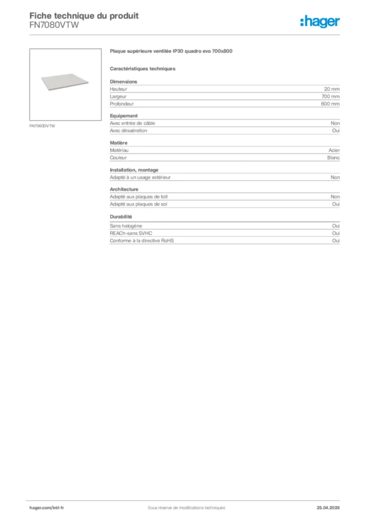 Image Hager Fiche technique du produit FN7080VTW | Hager Afrique