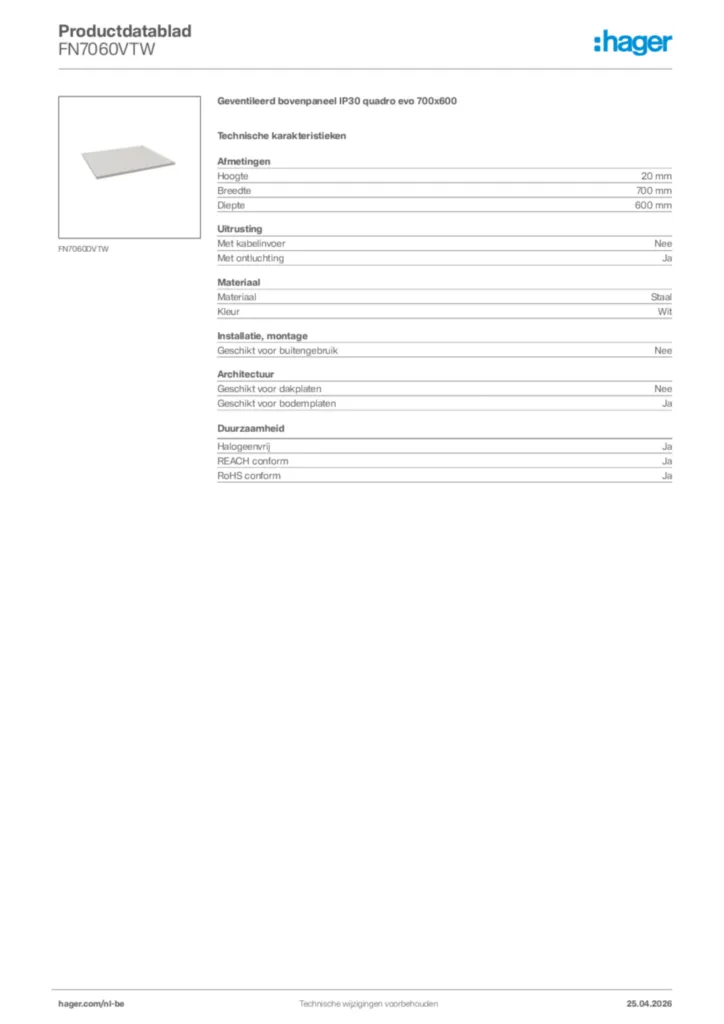 Afbeelding Hager Productdatablad FN7060VTW | Hager Belgium