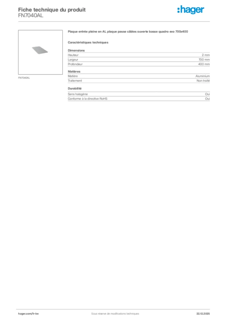 Image Hager Fiche technique du produit FN7040AL | Hager Belgique