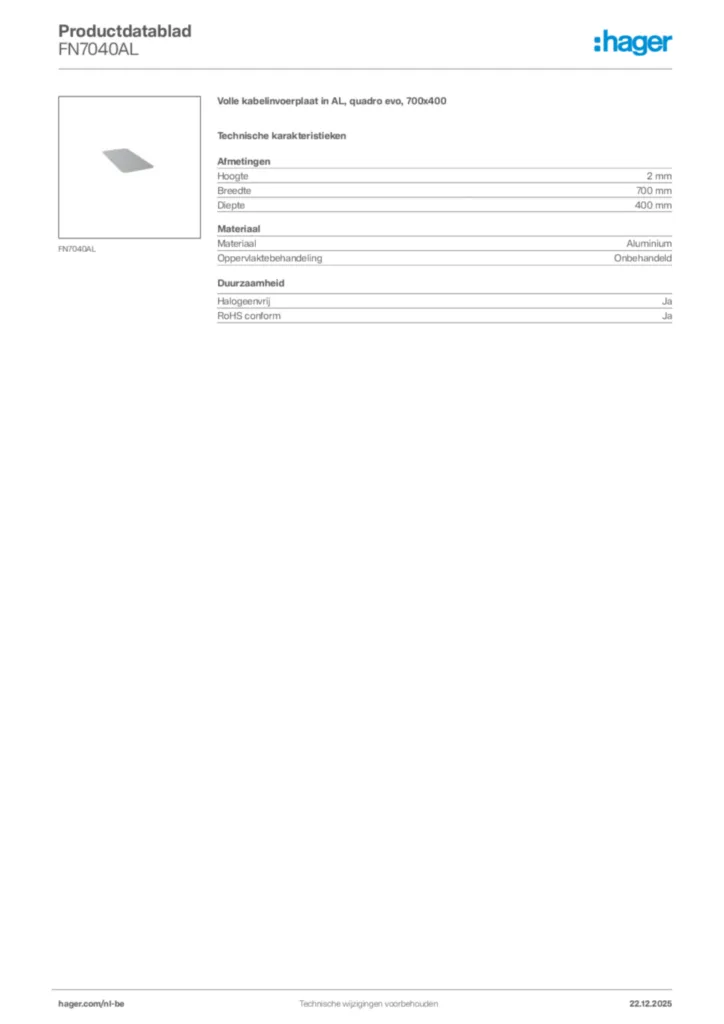 Afbeelding Hager Productdatablad FN7040AL | Hager Belgium