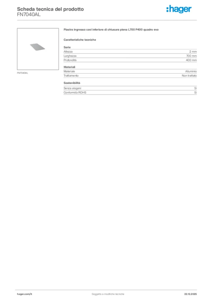 Immagine Hager Scheda tecnica del prodotto FN7040AL | Hager Italia