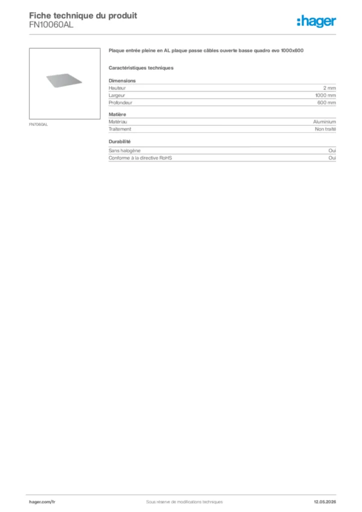 Image Hager Fiche technique du produit FN10060AL | Hager France