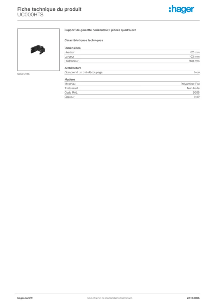 Image Hager Fiche technique du produit UC000HTS | Hager France