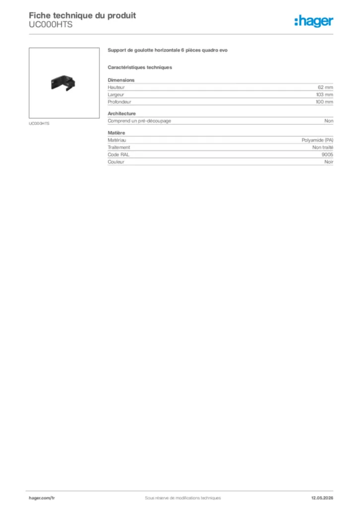 Image Hager Fiche technique du produit UC000HTS | Hager France