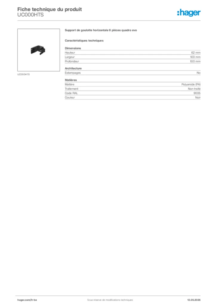 Image Hager Fiche technique du produit UC000HTS | Hager Belgique