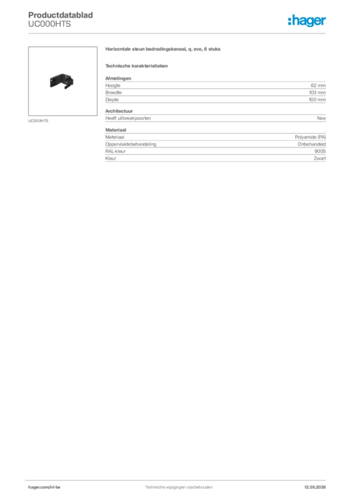 Afbeelding Hager Productdatablad UC000HTS | Hager Belgium