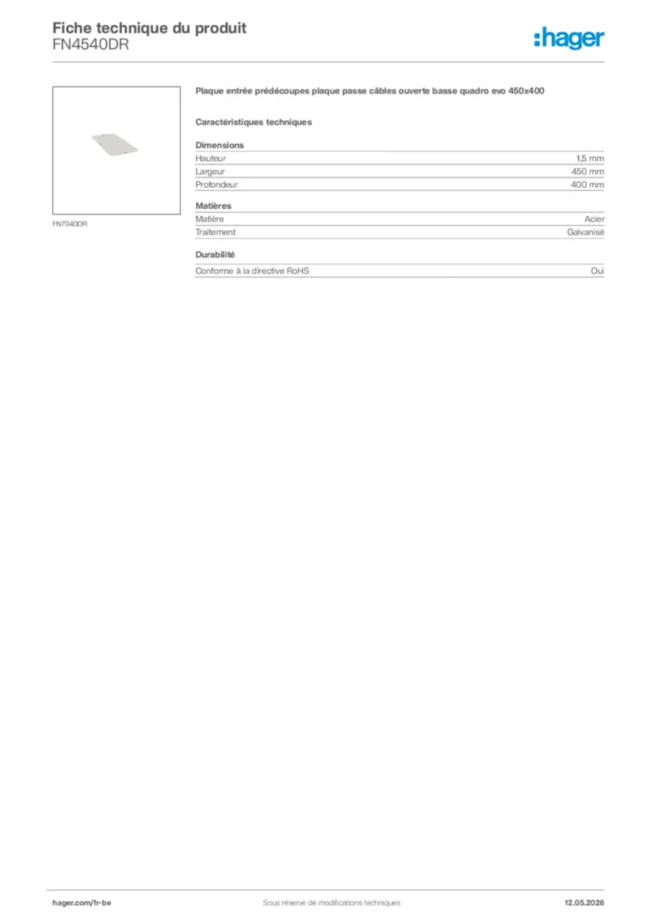 Image Hager Fiche technique du produit FN4540DR | Hager Belgique