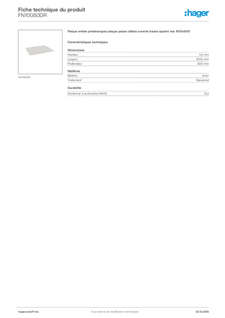 Image Hager Fiche technique du produit FN10080DR | Hager Belgique