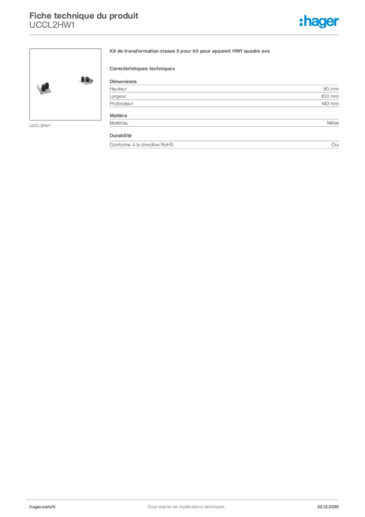 Image Hager Fiche technique du produit UCCL2HW1 | Hager France