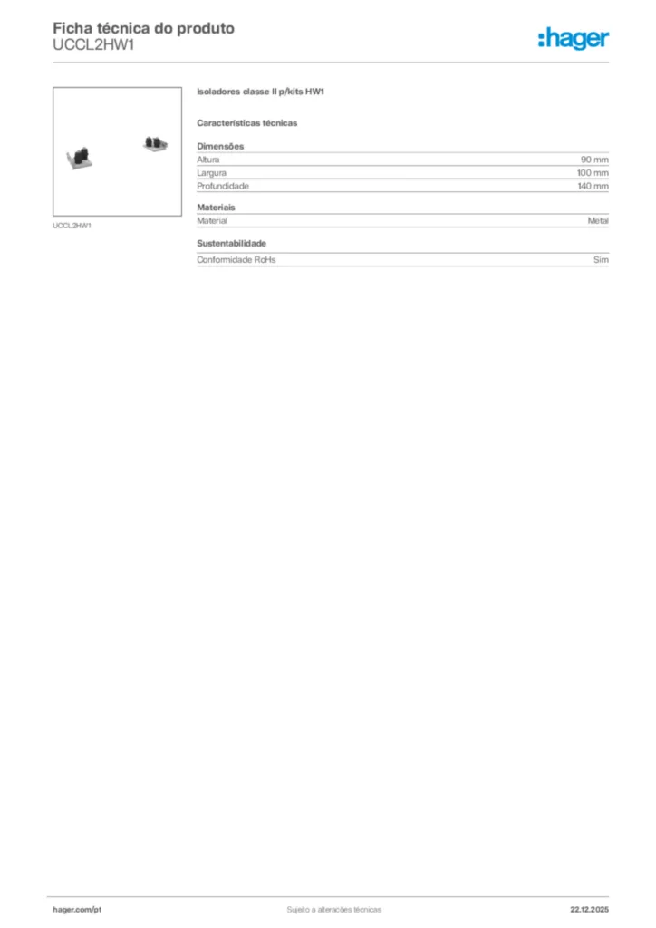 Imagem Hager Ficha técnica do produto UCCL2HW1 | Hager Portugal