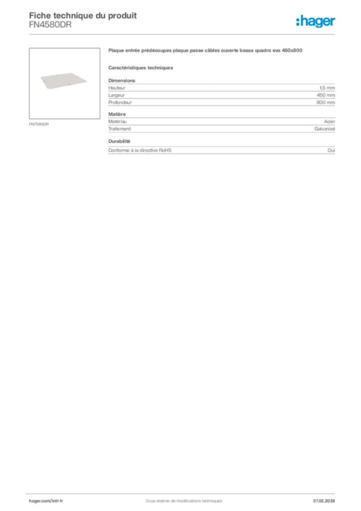 Image Hager Fiche technique du produit FN4580DR | Hager Afrique