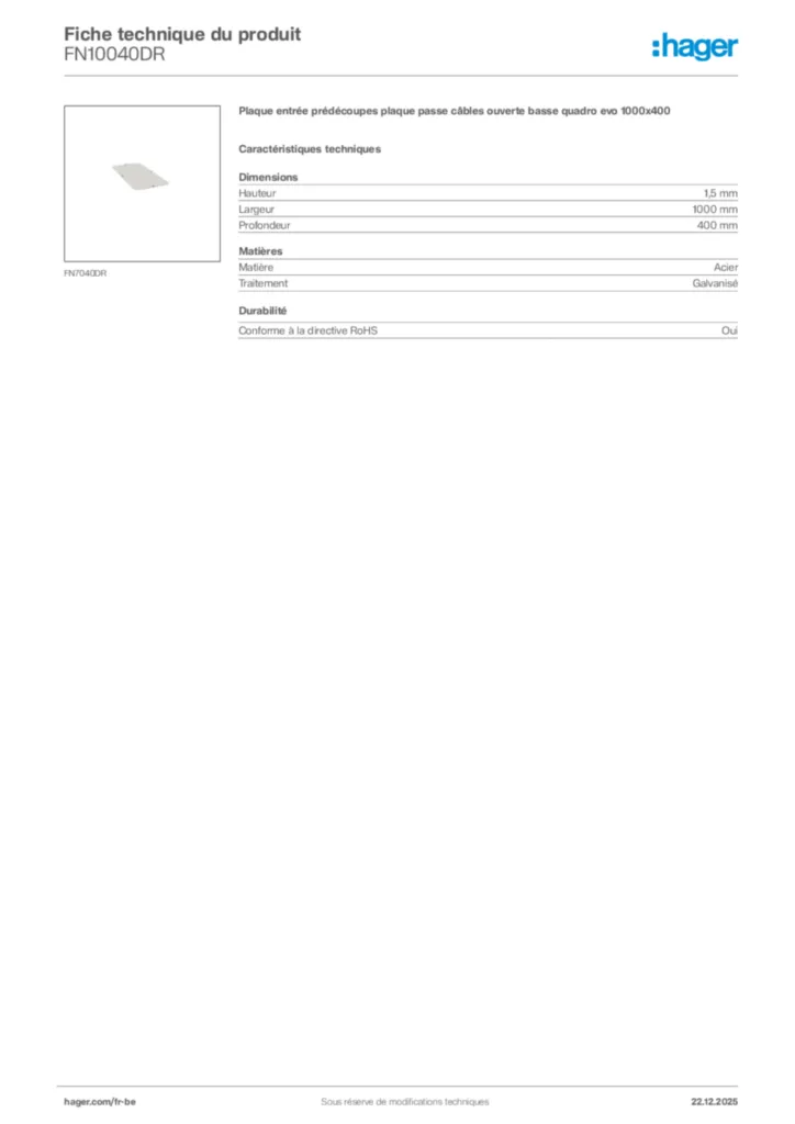 Image Hager Fiche technique du produit FN10040DR | Hager Belgique