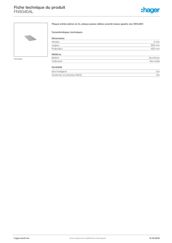 Image Hager Fiche technique du produit FN9040AL | Hager Belgique