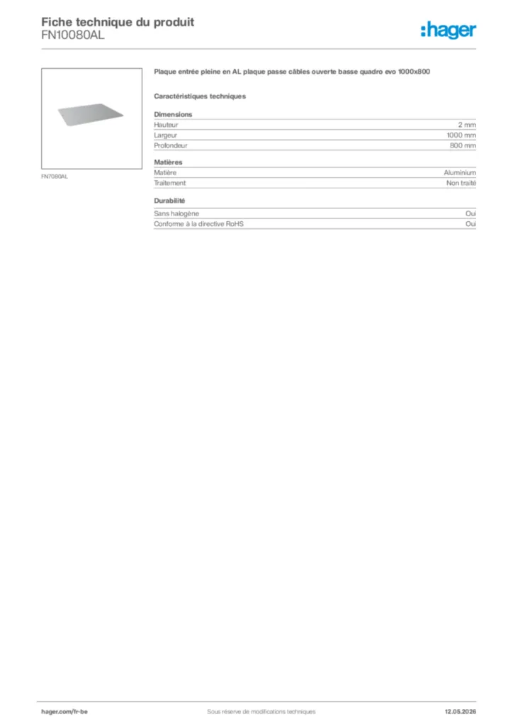 Image Hager Fiche technique du produit FN10080AL | Hager Belgique