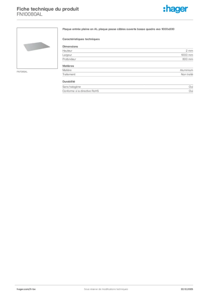 Image Hager Fiche technique du produit FN10080AL | Hager Belgique