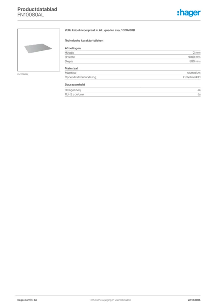 Afbeelding Hager Productdatablad FN10080AL | Hager Belgium