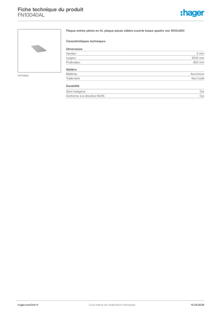 Image Hager Fiche technique du produit FN10040AL | Hager Afrique