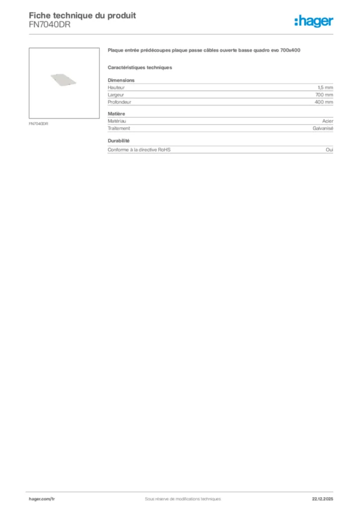 Image Hager Fiche technique du produit FN7040DR | Hager France