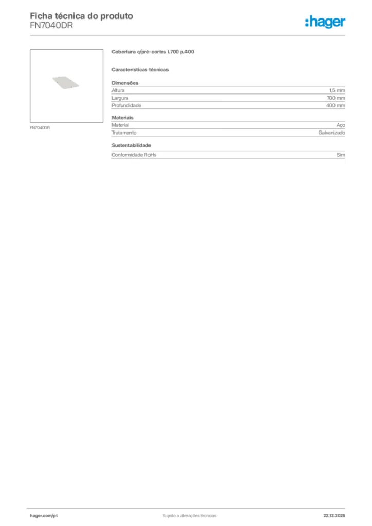 Imagem Hager Ficha técnica do produto FN7040DR | Hager Portugal