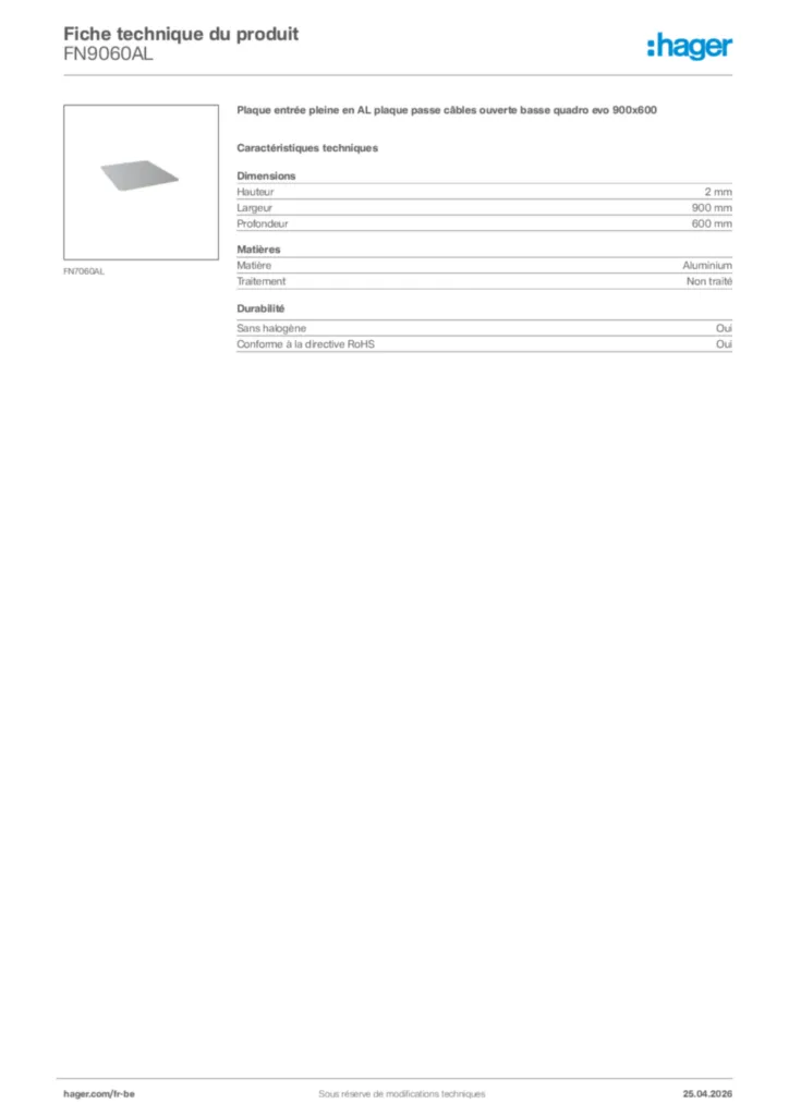 Image Hager Fiche technique du produit FN9060AL | Hager Belgique