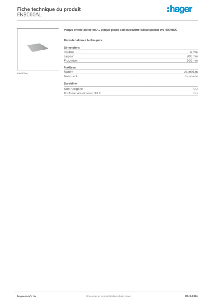 Image Hager Fiche technique du produit FN9060AL | Hager Belgique