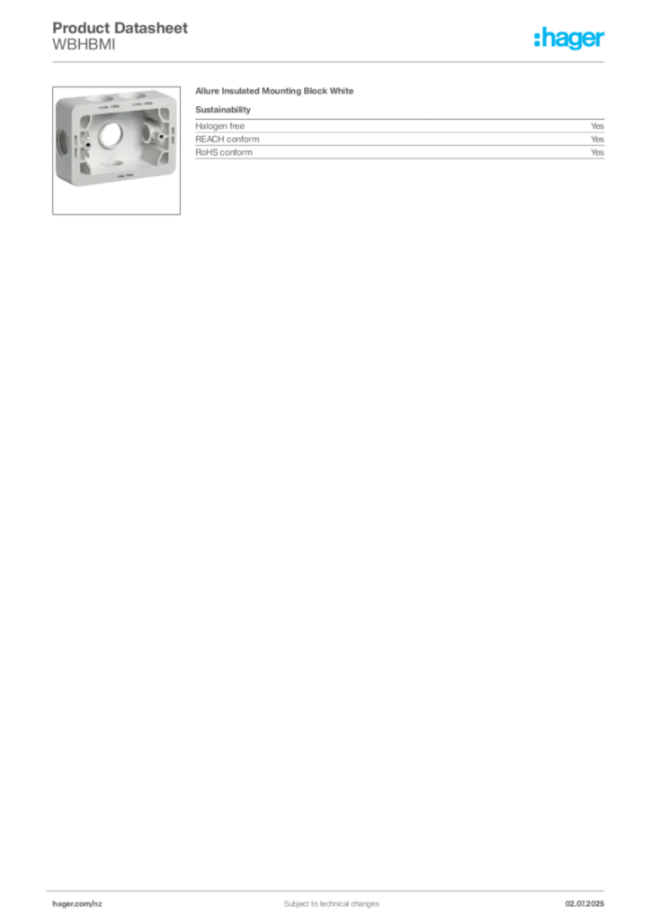 Image Hager Product data sheet WBHBMI  | Hager New Zealand