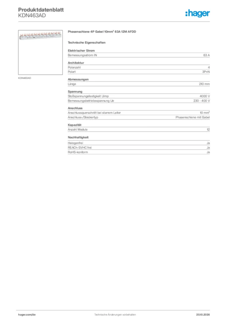 Bild Hager Produktdatenblatt KDN463AD | Hager Deutschland